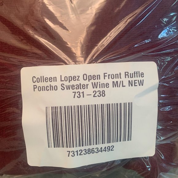 NWT‎ COLLEEN LOPEZ OPEN FRONT RUFFLE PONCHO SWEATER WINE M/L - Picture 10 of 11